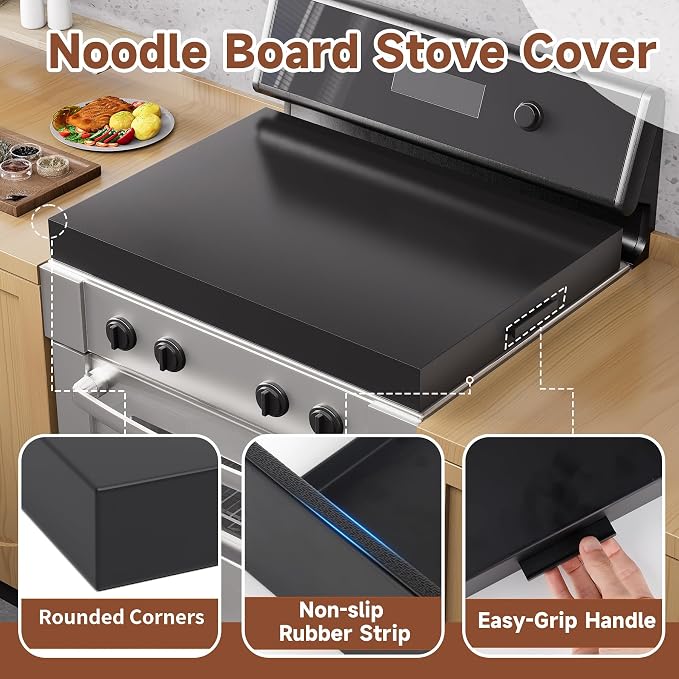 BJADE'S Stove Cover Board - 30"x22"x3" Gas/Electric Range Top Cover with Anti-Slip Feet, Kitchen Organizer & Noodle Board, Black Cooktop Protector for Counter Space Expansion