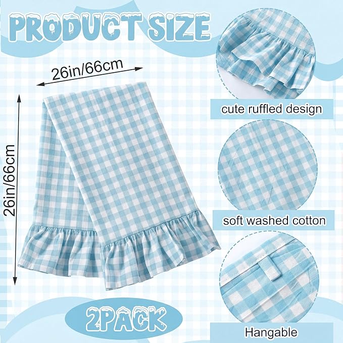 HunnmingRe 2 Pcs Light Blue Gingham Kitchen Towels Cotton Ruffled | Checked Dish Towels 18"x28" Tea Cloths Plaid Cottage Core Kitchen Decor for Farmhouse Charm Drying Dishes Entertaining Guests