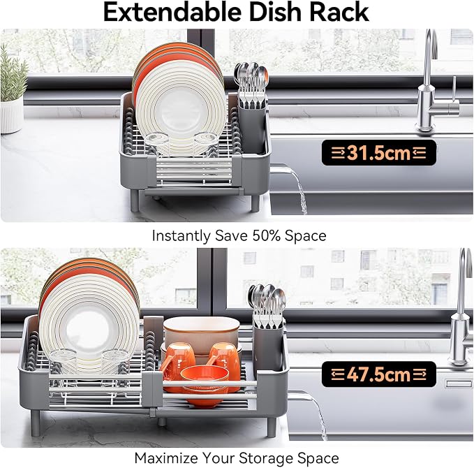 Urackify Extendable Stainless Dish Drying Rack for Kitchen Counter, Gray | 13.78"W x 18.7"L, Foldable Drainboard for Space Saving, Knife and Utensil Holder, Fast-draining Spout