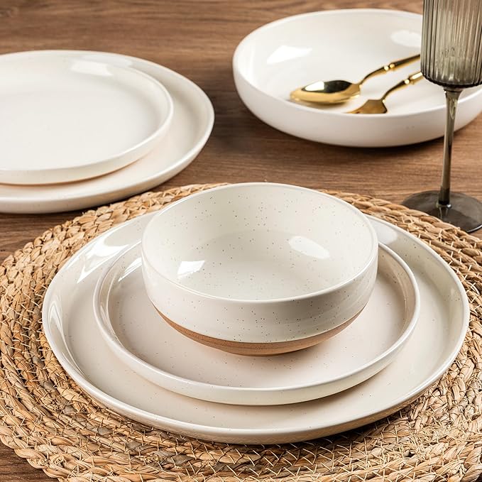 AmorArc Dinnerware Sets for 6, 18 Pieces Ceramic Plates and Bowls Set | Scratch Resistant Stoneware Dishes Set, Dishwasher & Microwave Safe, Light Beige