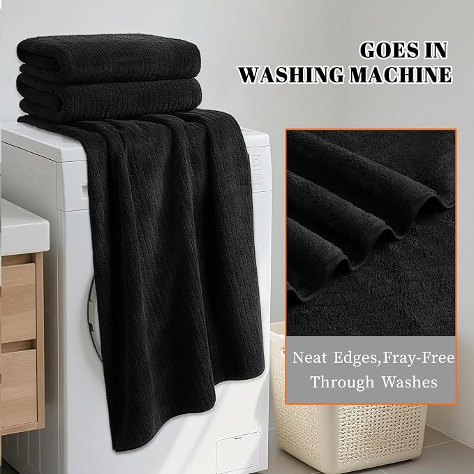 4 Pack Bath Towels Set 35 x 70in Extra Large, Ultra Soft Microfiber | Luxury Thick High Absorbent and Quick Dry Bath Sheet for Bathroom, Beach, Yoga, Sport,SPA, Fitness, Black