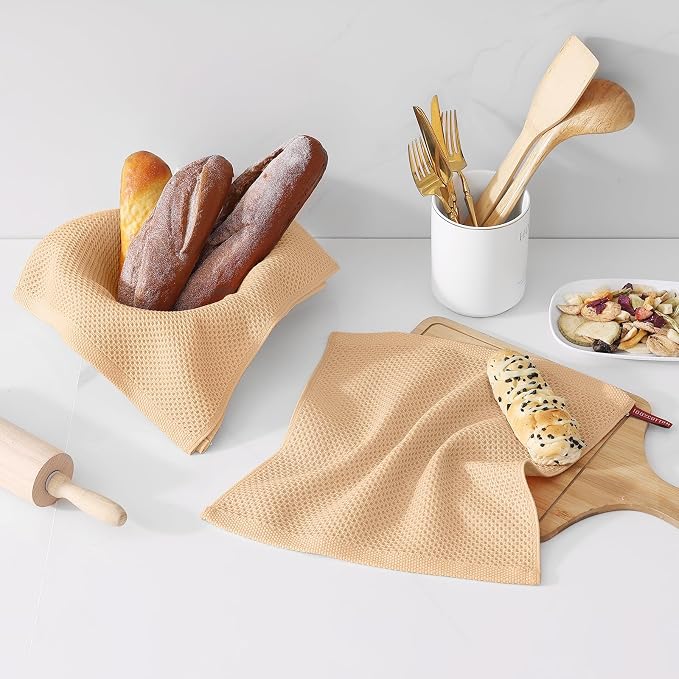 Kitinjoy 100% Cotton Waffle 6-Pack Kitchen Towels, 12" x 12", Apricot | Ultra Absorbent, Super Soft, lightweight, Quick Drying Dish Rags for Washing Dishes