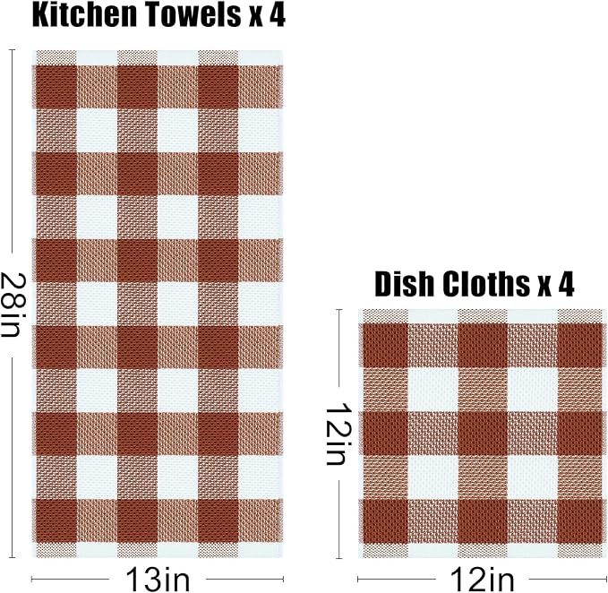 Homaxy Kitchen Towels and Dishcloths Set, Set of 8, White & Rust | Bulk Cotton Waffle Weave Check Plaid Kitchen Towels, Super Soft and Absorbent Dish Cloths, 12 x 12 and 13 x 28 Inches