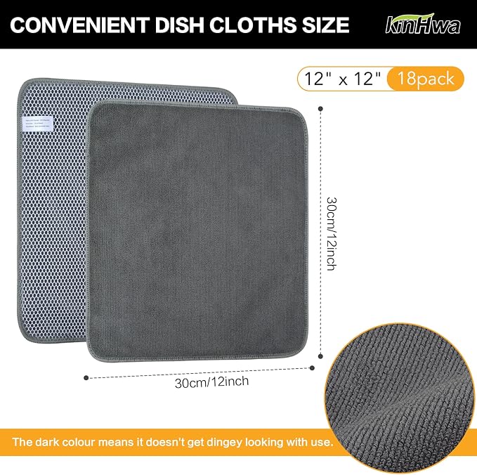 Dish Cloths for Washing Dishes with Scrub Side, Microfiber Dish Rags | Dual-sided microfiber dish cloths with scrubber for stuck-on food, quick dry kitchen washcloths 18 Pack, 12" x 12 Inch Gray