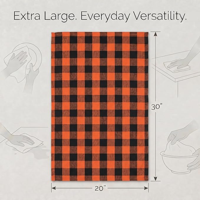 Urban Villa Kitchen Towels Cotton Dish Towels 20”x30” (Set of 6) Orange Blk