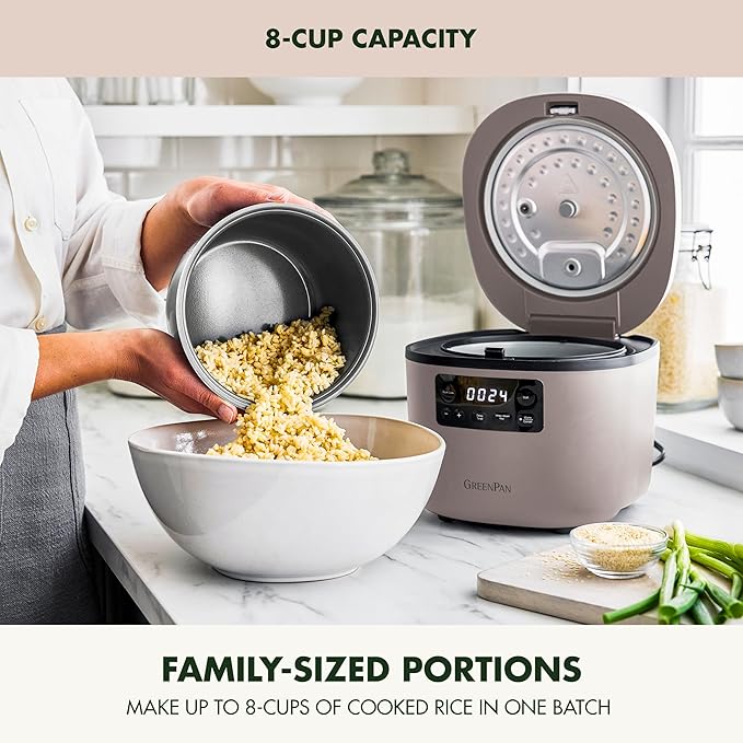 GreenPan Advanced Rice Cooker, 4-Cups Uncooked/8-Cups Cooked, Removable Nonstick Ceramic PFAS-Free Pot, White & Brown Rice, Family Sized, Quick Cook in 25mins, 6 Presets, Fuzzy Logic Tech, Clay