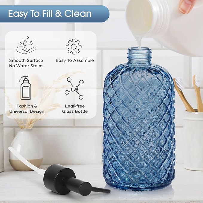 Topsky Gem Glass Soap Dispenser with Black Plastic Pump, 13oz Liquid Hand Soap Dispenser, Rustproof Pump for Kitchen & Bathroom, Great for Lotions, Essential Oil, Liquid Soaps-Blue