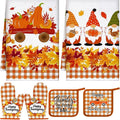 Leinuosen 6 Pack Thanksgiving Kitchen Set with 2 Gnome Dish Towels, 2 Maple Leaves Pot Holders and 2 Car Oven Mitts for Gifting, Baking, and Cooking Accessories