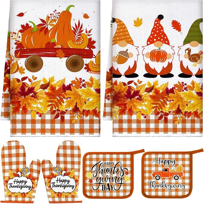 Leinuosen 6 Pack Thanksgiving Kitchen Set with 2 Gnome Dish Towels, 2 Maple Leaves Pot Holders and 2 Car Oven Mitts for Gifting, Baking, and Cooking Accessories