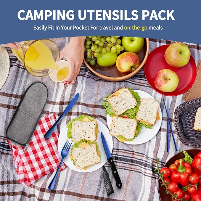 Logcow Travel Utensils Set with Case, 10-Piece Reusable Stainless Steel Camping Cutlery, Portable Fork Spoon Knife Chopsticks & Straw for Work, Lunch, Picnic (Blue)