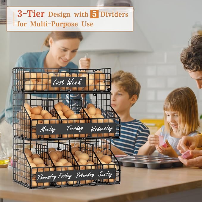 Egg Holder Countertop with 5 Dividers & DIY Nameplate to Separate Eggs | 3 Tier Stackable Wire Storage Baskets for Gathering Fresh Eggs, XXL Large Egg Rack, Wall-Mounted (Patent Pending)