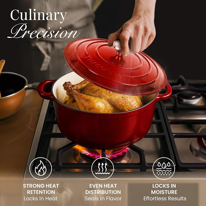 Nuovva Enamelled Cast Iron Dutch Oven Pot with Lid-6.4 Quart Non Stick Casserole Pot-Heavy Duty & Oven Safe up to 500° F for Bread Baking, Braising, Stews, Roasting - 28cm Red