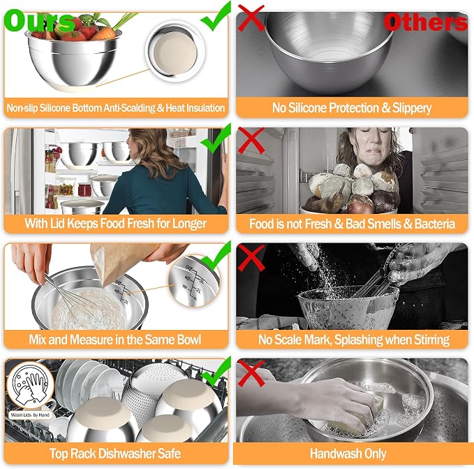 Nicdiet Mixing Bowls with Airtight Lids, Stainless Steel Mixing Bowl Set with 3 Metal Nesting Bowls, Colander & Grater, Non-Slip Bottoms, Size 1.5, 2.5, 5 QT, Great for Mixing & Serving, Khaki