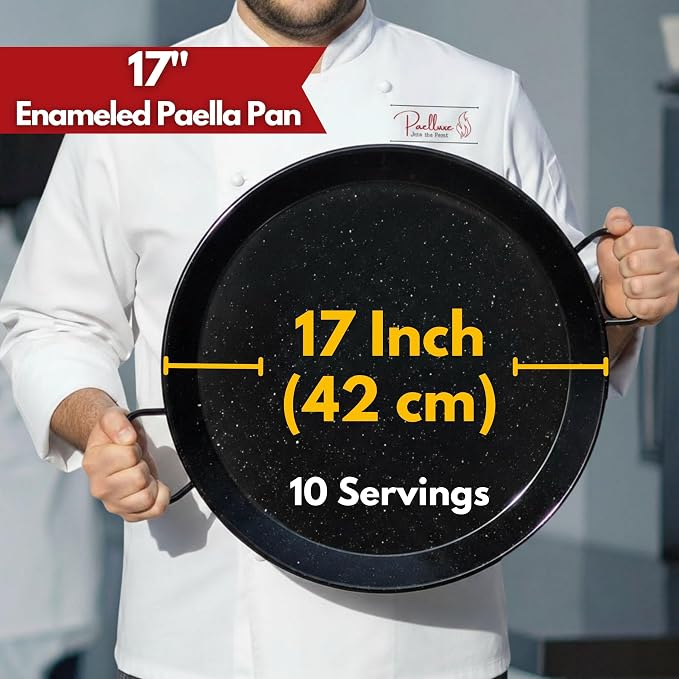 Paelluxe Paella Pan Enameled No-Rust Steel Skillet - 17 Inch, 10 Servings | 1.2mm Carbon Steel, Easy-Clean Enamel, Propane Safe, Spans 2 Stove Burners, Indoor & Outdoor, Silicone Handle Holders