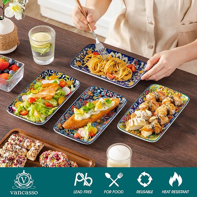 vancasso Simi 6-Piece Rectangular Ceramic Plates Set, 8.5" x 5.1" Small Dessert & Sushi Plates, Bohemian Appetizer Serving Plates, Microwave & Oven Safe Porcelain Plates