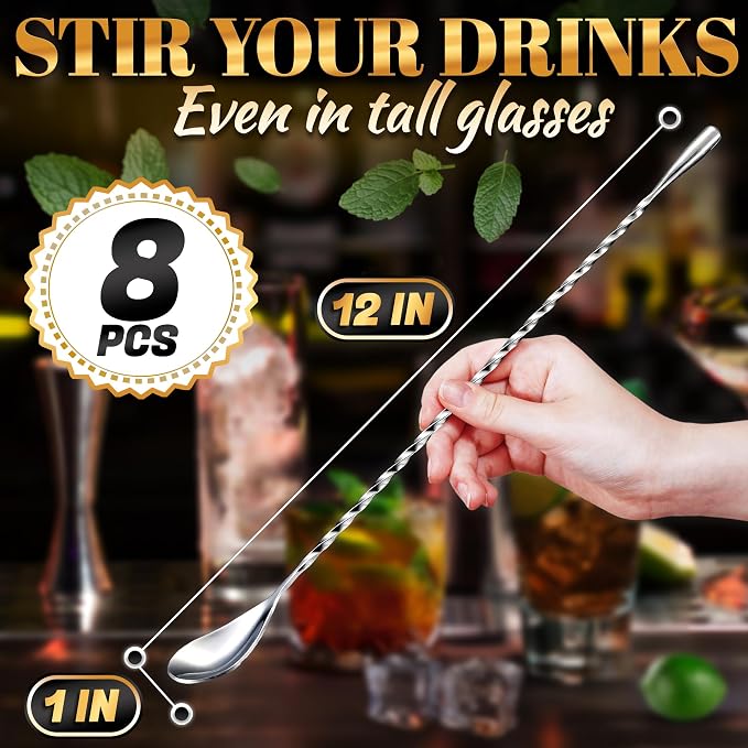 8 Pcs Bar Spoons Set, 12" Long, Twisted Spiral, 304 Stainless Steel | Bar Mixing Spoon Set; Dishwasher Safe, Polished; Sugar Spoon for Cocktails, Coffee, Milkshakes, Smoothies, and Coffee Shop