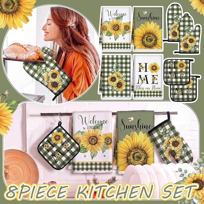 Leinuosen 8 Pcs Sunflower Green and White Checkered Kitchen Towels and Dishcloths Sets Pot Holders and Oven Mitts Sets Absorbent Kitchen Gloves Potholders Heat Resistant for Chef Baking Cooking