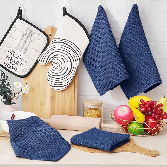Homaxy 100% Cotton Waffle Weave Kitchen Dish Cloths 8-Pack, Navy Blue | 12 x 12 Inches, Ultra Soft Absorbent Dish Towels, Quick Drying Dish Rags with Hanging Loop