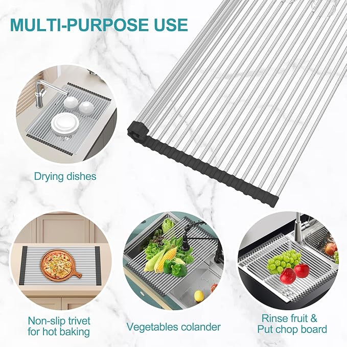 BBXTYLY Extra Large Expandable Roll Up Dish Drying Rack,Over The Sink Drying Rack Sink Cover Kitchen Sink Accessories Kitchen Rolling up Stainless Steel Drainer, Foldable,Rollable（Black，22.8''-17.3''）