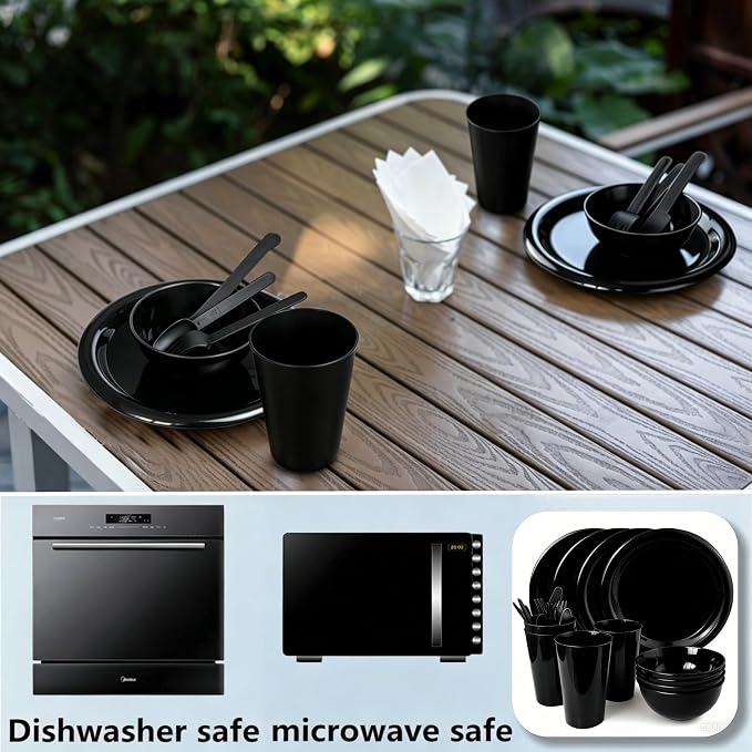 24Piece Plastic Plates and Bowls Sets Dinnerware Set Dishes Set for 4,College Dorm Room Essentials,Camping Plates and Bowls with Tumbler,Knives,Forks and Spoons,Mess Kit,Microwave Safe,BPA Free-Black