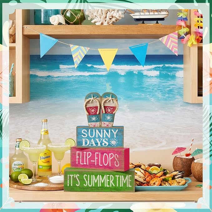 Lineshading 4 Pcs Flip Flop Beach Summer Wooden Block Signs Table Decor | Coastal Tiered Tray Decorations, Farmhouse Rustic Tabletop Display, Flip Flop Theme with Sayings Sunny Days Summertime