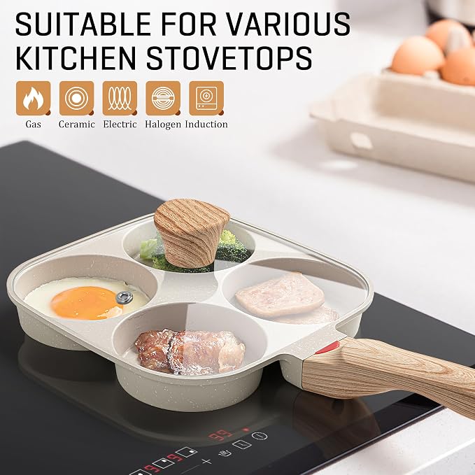 MyLifeUNIT Egg Pan, 4-Cup Egg Frying Pan with Lid, Nonstick Aluminium Alloy Egg Cooker for Breakfast, Pancake, Burger, Sandwiches, Suitable for Gas Stove & Induction Cookware (White)