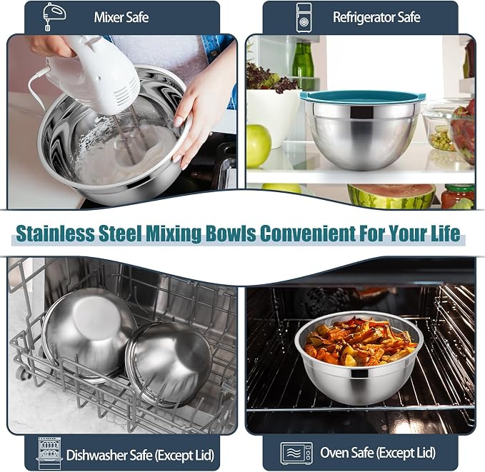 P&P CHEF Stainless Steel Mixing Bowls with Lids, Set of 3, Blue | Nesting Salad Bowl, Sturdy& Rust Proof, Airtight & Stackable, Suit for Mixing, Storing, Prepping, 3 Size - 4.6/3 /1.5 QT