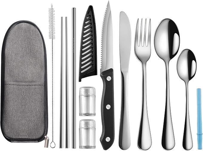 Logcow Travel Utensils with Case,Reusable Utensils,Portable Travel Camping Cutlery Set,Stainless Steel Flatware Set,Lunch Boxes Workplace Camping School Picnic (Sivler)