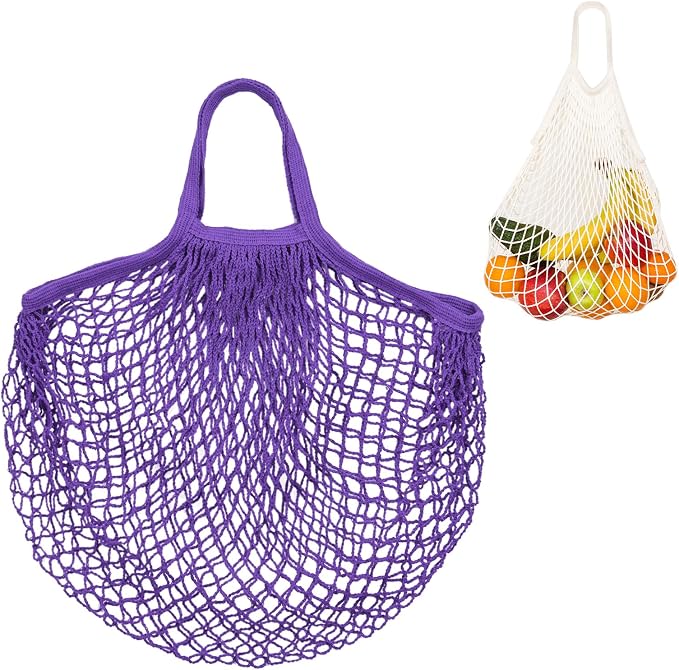 M METERXITY 1-Pack Cotton Mesh Bag, Reusable Washable Mesh Net String Grocery Bags, Reusable Produce Bags with Handle, Net Tote Bag for Fruits/Vegetables Shopping [Purple, Short Handle]