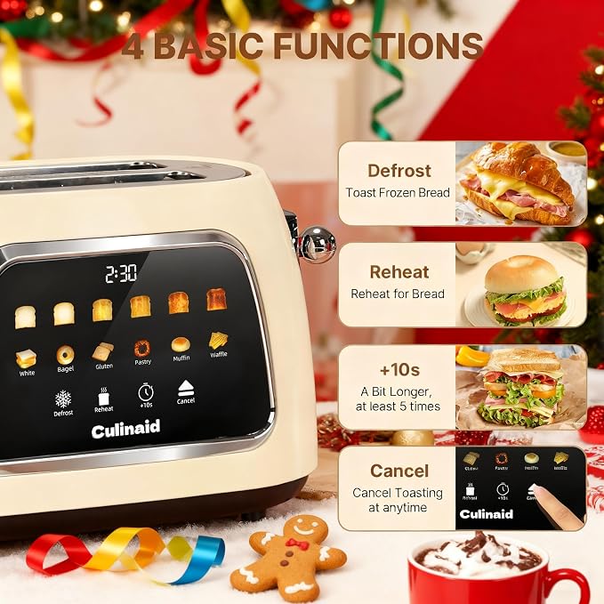 Toaster 2 Slice Smart Touch Screen, Retro 1.5'' Extra Wide Slot Stainless Steel Digital Bread Toaster with Memory Function, Bagel, Defrost, 6 Browning Levels and Removable Crumb Tray, Cream