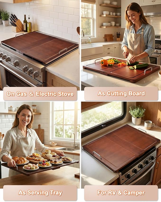 UTCG 29.5×22in Foldable Noodle Board Stove Cover for Kitchen Prep Space | Bamboo Multiple Stove Top Cover with Handles for Gas & Electric Stoves - As Sink Cover ＆ Decorative Tray