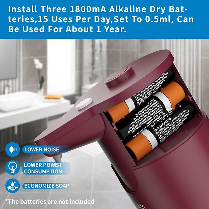 Automatic Soap Dispenser Touchless, Hands-Free, Multi Adjustable Volume, Long Battery Life, Compatible with Thick & Thin Dish/Hand Soap for Bathroom and Kitchen, Easy for Toddlers, Red