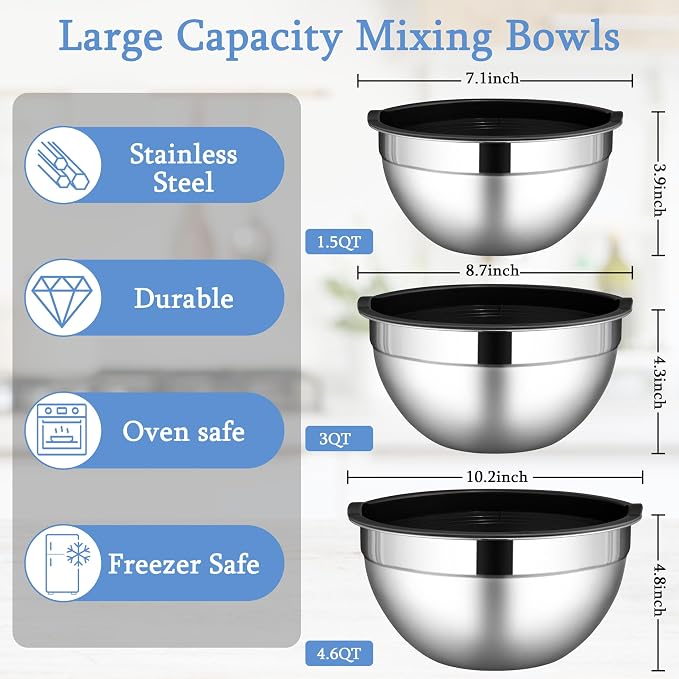LIANYU Mixing Bowls with Lids Set of 3, Stainless Steel Nesting Metal Bowls | Large & Small Bowl for Kitchen Storage, Dishwasher Safe & Easy Cleaning, Size 1.5QT & 3QT & 4.6QT, Black