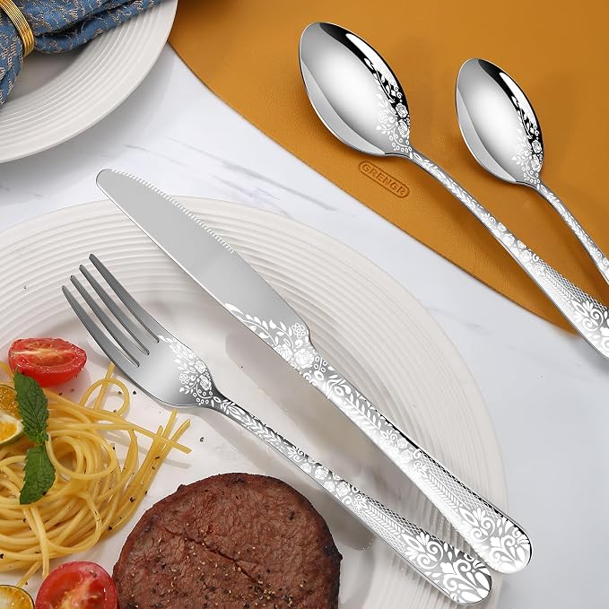 40 Piece Silverware Set, Stainless Steel Flatware Cutlery Set Service for 8, Mirror Polished Tableware Eating Utensils Set for Home Kitchen, Include Knife Fork Spoon Set, Dishwasher Safe