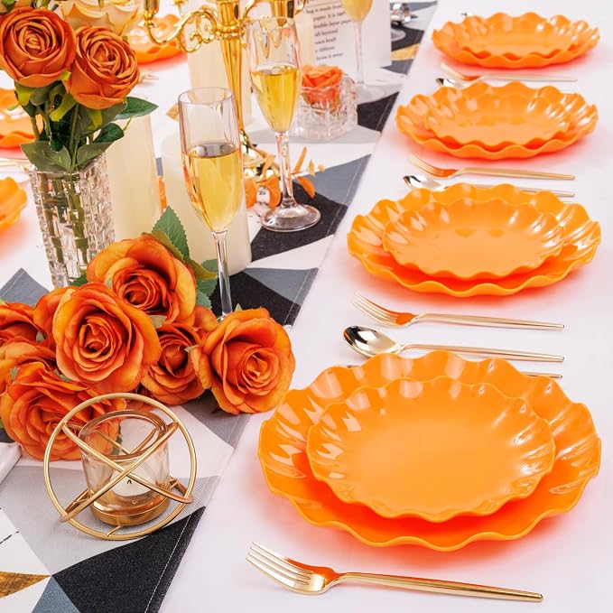 LIYH 24Pcs Orange Plastic Plates Reusable, Dinner And Salad Set For Parties | Heavy Duty Scalloped Unbreakable Tableware, Reusable Or Disposable Style For Fall Picnics, Thanksgiving, Holiday Banquets