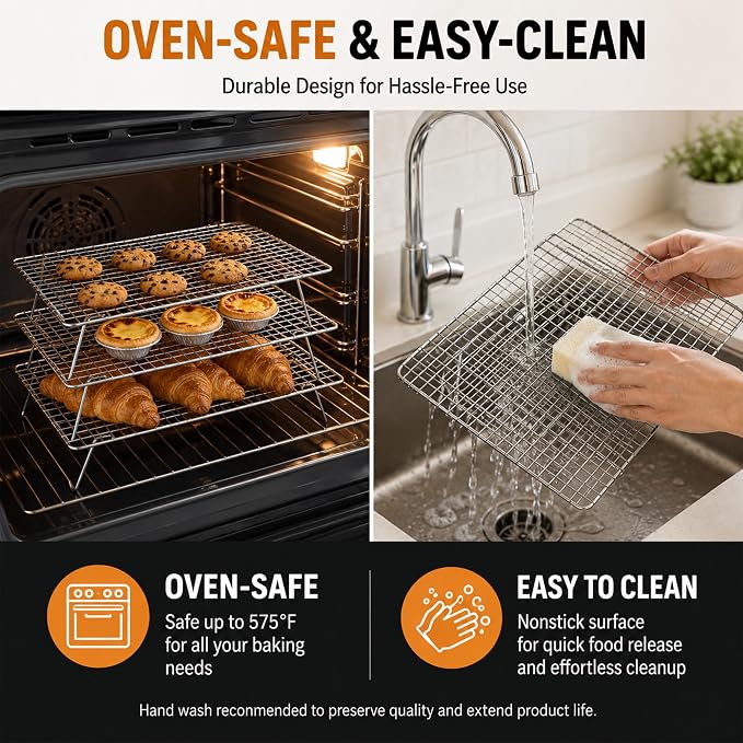 Cooling Rack 16"x10", 3-Tier Stackable & Collapsible Cooling Racks | Cooling Racks for Cooking and Baking, Roasting, Grilling, Oven & Dishwasher Safe (Silver, 3-Tier)