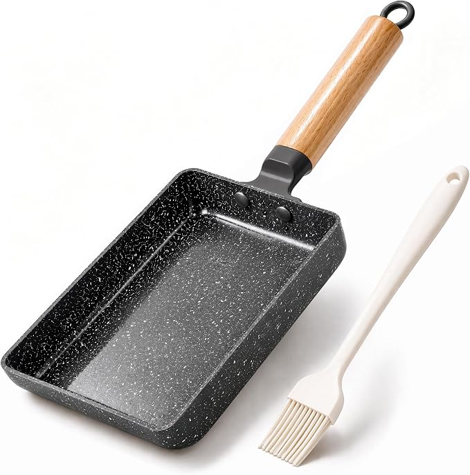 Ceramic Tamagoyaki Pan, Square Egg Frying Pan for Japanese Omelette | Small Nonstick Rectangle Pan, Omlet Egg Roll Pan, Japan & Korean Cookware, Tamago Omelet for Induction, with Silicone Brush