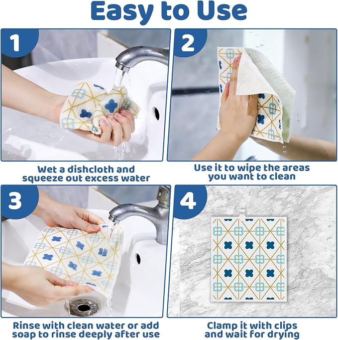6 Pack Swedish Dishcloths for Kitchen,Swedish Rags Dish Towels with Clips | Reusable Paper Towels Washable Absorbent Cellulose Sponge Cloths for Countertop Dishes Sink Kitchen