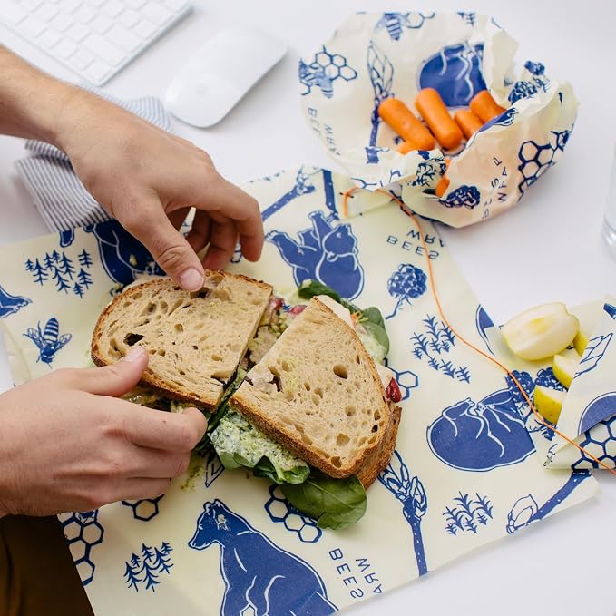 Bee's Wrap Beeswax Wraps for Food - 3 Pack of Assorted Beeswax Wraps - 2 Medium & Sandwich Wrap - Plastic Free Made in USA Reusable Natural Food Wrap - Bees & Bears