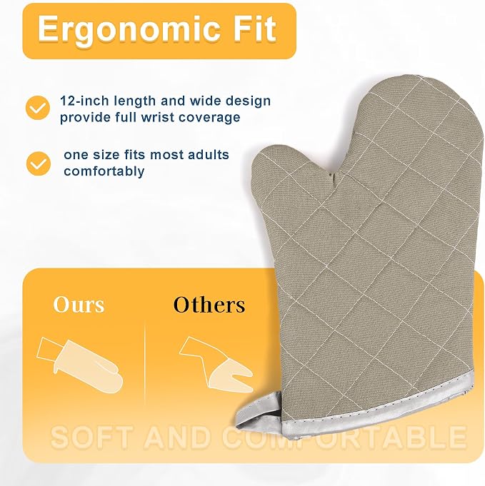 ARCLIBER Grey 12" Quilted Oven Mitts 1 Pair Heat Resistant Kitchen | Quilted Lining, 1 Pair, Heat Resistant, Classic, Cotton Blend, Cooking, Baking, Grilling, Non-Slip Grip