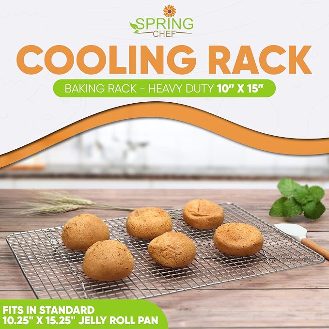 Spring Chef 10" x 15" Stainless Steel Cooling Rack for Baking, Set of 2 | Heavy Duty Cookie Cooling Rack for Kitchen, Oven Safe Wire Rack for Baking, Fits Jelly Roll Pan, Dishwasher Safe