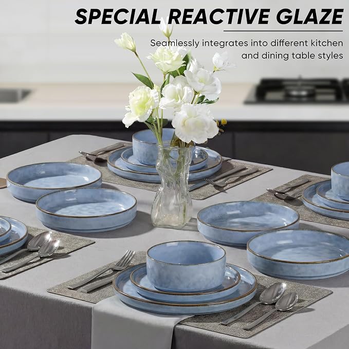 E-far Stoneware Dinnerware Set, 16-Piece Plates and Bowls Sets for 4 | Modern Dishes for Kitchen Dining, Reactive Glazing Ripple Design, Chip Resistant, Microwave & Dishwasher Safe, Reactive Blue