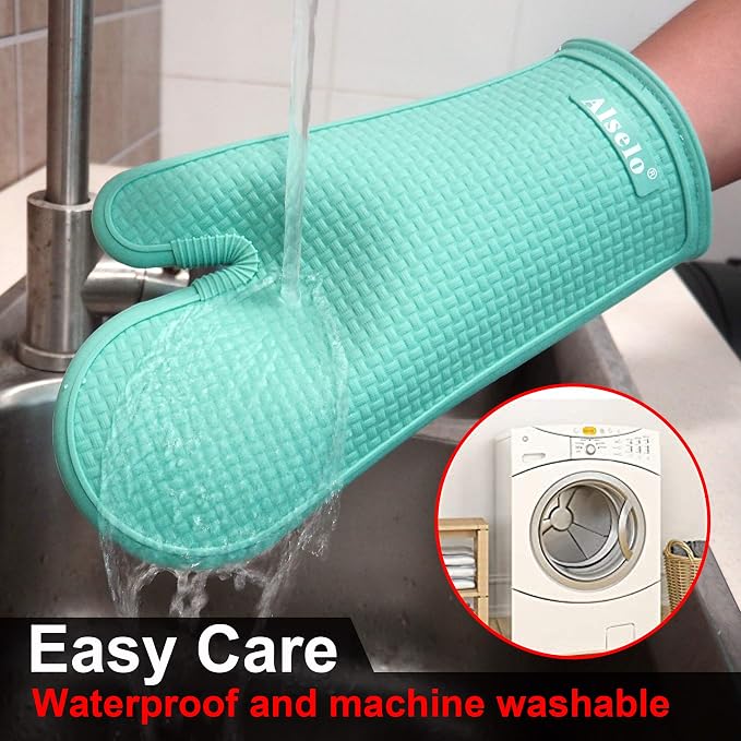 Alselo Silicone Oven Mitts Set, Heat Resistant 550 Degree,7.5"x12" | Kitchen Mittens,Waterproof & Non-Silp Oven gloves for Baking Cooking Barbecue Microwave & Machine Washable(Blue, 2)