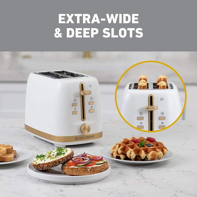 West Bend Timeless 2-Slice Toaster with 7 Browning Levels, Bagel/Waffle/Defrost Settings, High-Lift Lever, Anti-Jam, Easy-Clean Crumb Tray, 2-Slice, White/Gold