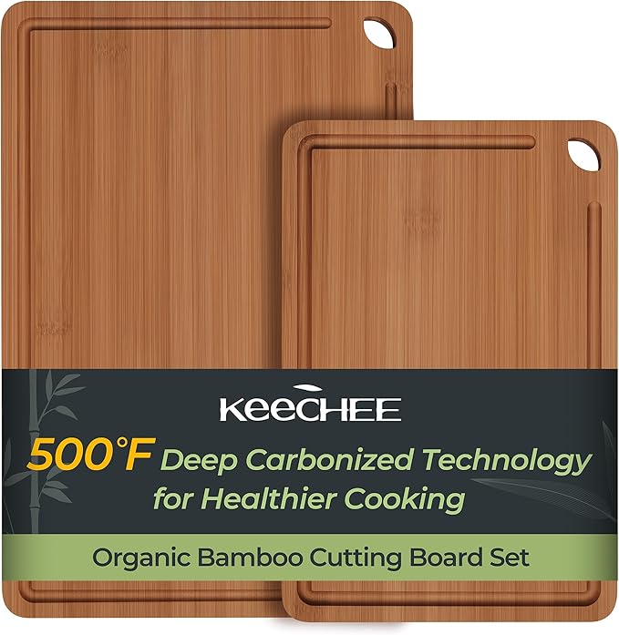 Keechee Carbonized Bamboo Cutting Board Set of 2, Wood Kitchen Boards | Non Toxic, Resisted-Cracking&Curling, Deep Juice Groove, Side Handles,Cross-Laminated Structure, Knife-Friendly