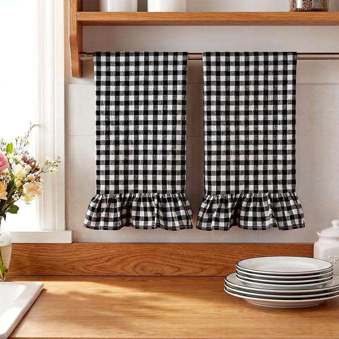 HunnmingRe 2 Pcs Matte Black Gingham Kitchen Towels Cotton Ruffled | Checked Dish Towels 18"x28" Tea Cloths Plaid Cottage Core Kitchen Decor for Farmhouse Charm Drying Dishes Entertaining Guests