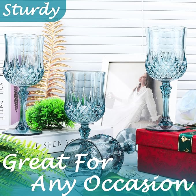 24Pack Plastic Wine Glasses, 7oz Vintage Goblets for Wedding | Unbreakable Crystal Style Reusable Stemware, Elegant Dusty Blue Drinking Glass for Party Anniversary & Holiday Celebration
