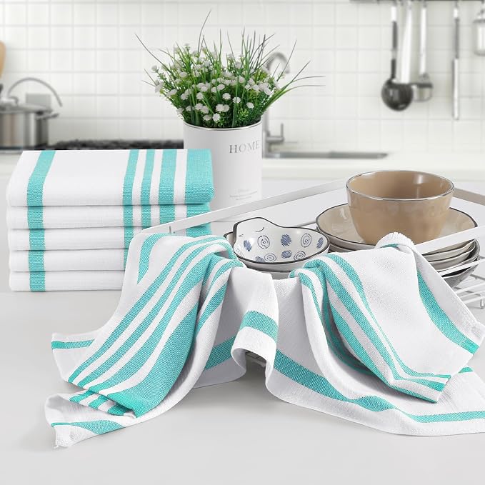 Homaxy Premium Cotton Stripe Kitchen Towels 8 Pack, 18"x 28", Teal | Large 380 GSM Kitchen Hand Towels, Soft Terry Dish Towels, Highly Absorbent Tea Towel Set with Hanging Loop