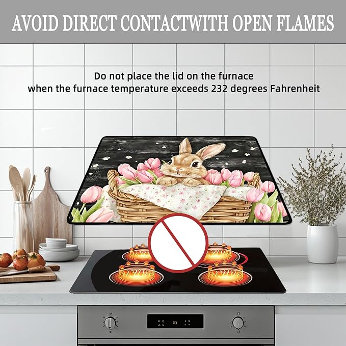 Easter Bunny Electric Stove Top Cover Protector,Rustic Flower Basket Stove Top Covers for Gas Burners,Pink Tulips Cooktop Mat for Ceramic Glass Cooktop Protector,Glass Top Stove Cover