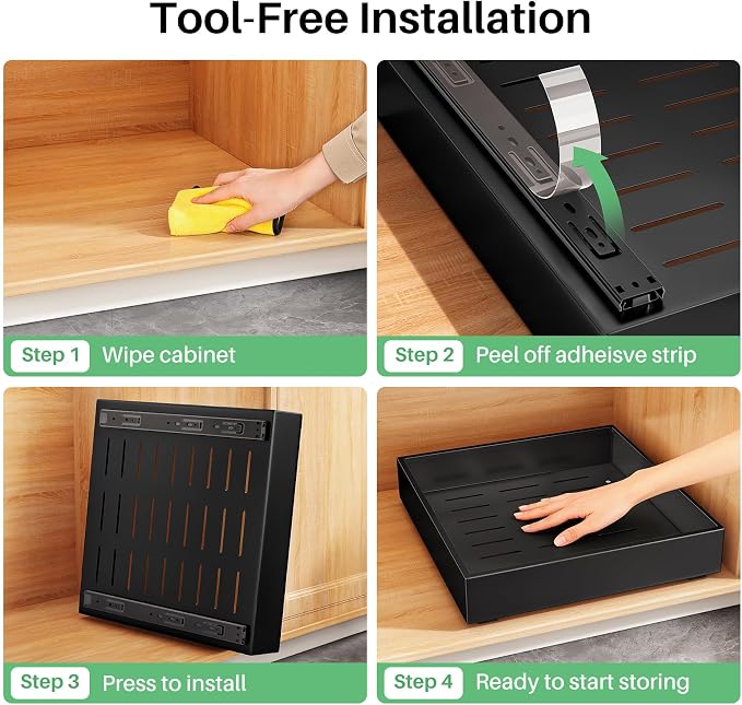 2Pack Pull out Cabinet Organizer, 21"Deep, Heavy Duty Full-extension Slide out Drawers for Kitchen Cabinet, Roll out Shelf Storage with Nano Adhesive for Pots,17"W x 21"D x 3.1"H, Black